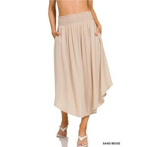 Zenana Woven Crinkle Smocked Waist‎ Maxi Skirt W Pockets
